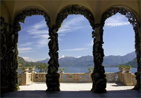 Loggia and gardens of the Villa del Balbianello on Punta di Lavedo in spring sunshine, Lenno, Lake Como, Italian Lakes, Italy, Europe
