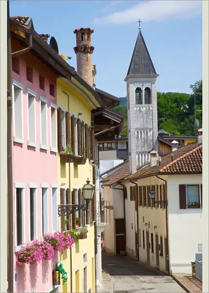 View of street and belltower in the town of Belluno, Province of Belluno, Veneto, Italy, Europe