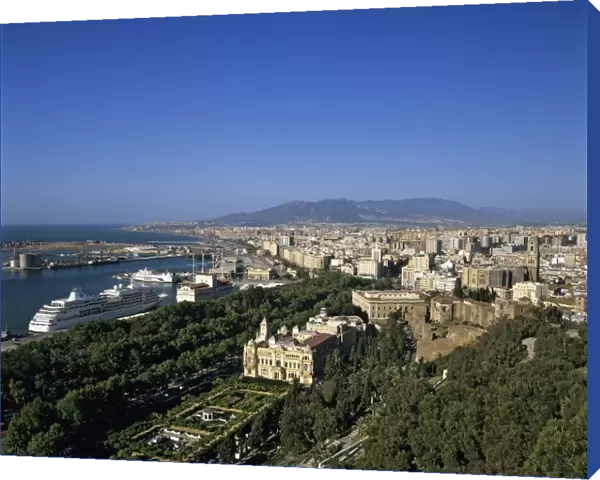 View over Ayuntamiento and city from Castillo de Gibralfaro, Malaga, Andalucia, Spain, Mediterranean, Europe