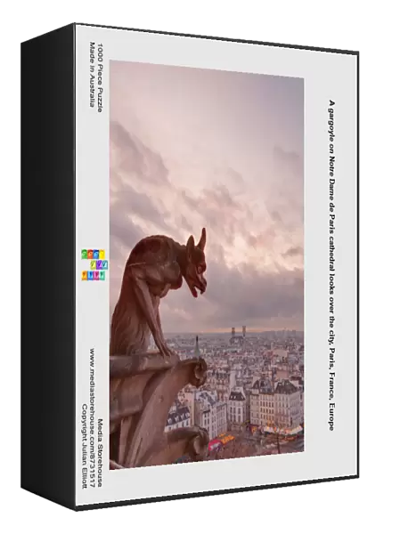 A gargoyle on Notre Dame de Paris cathedral looks over the city, Paris, France, Europe