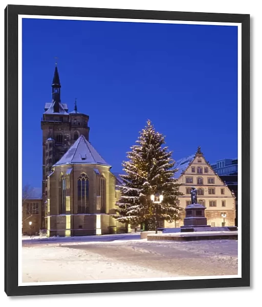 Schillerplatz with Stiftskirche, Christmas tree and Schillerdenkmal, Stuttgart, Baden Wurttemberg, Germany, Europe