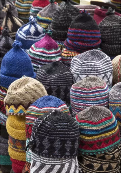 Traditional colourful woollen hats for sale in Old Square, Marrakech, Morocco, North Africa, Africa
