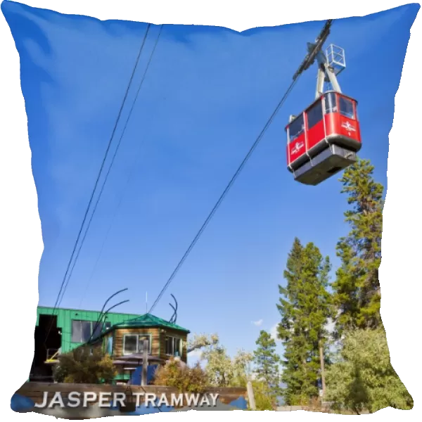 Red Gondola car on the Jasper tramway rising up Whistler mountain, Jasper National Park, Alberta, Canada, North America