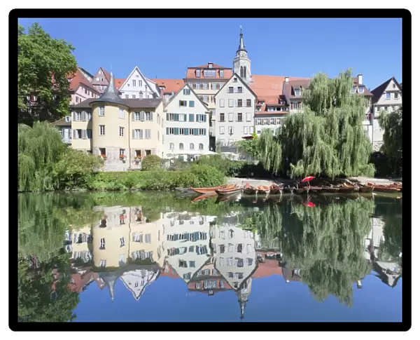 Old town with Holderlinturm tower and Stiftskirche Church reflecting in the Neckar River, Tubingen, Baden Wurttemberg, Germany, Europe