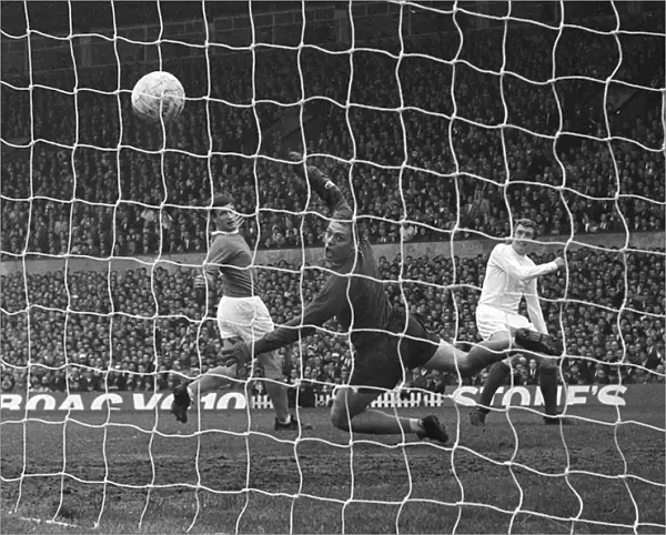 Leeds Mick Jones shoots at Everton goalkeeper Gordon West in the 1968 FA Cup