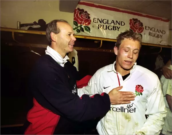Clive Woodward congratulates Jonny Wilkinson after Englands victory over South Africa in 2000