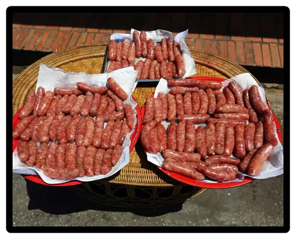 Sausages for sale in the street in Luang Prabang, Laos