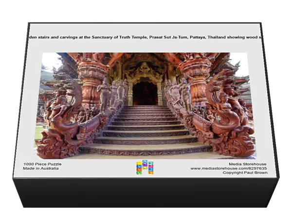 Wooden stairs and carvings at the Sanctuary of Truth Temple, Prasat Sut Ja-Tum, Pattaya, Thailand showing wood stairs