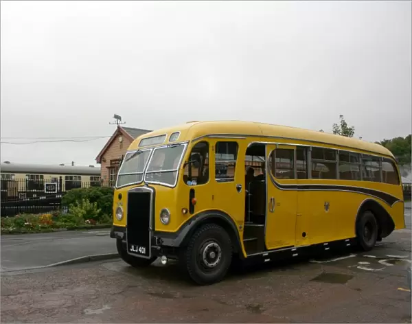 Vintage bus at Bishops Lydeard station, Somerset, UK