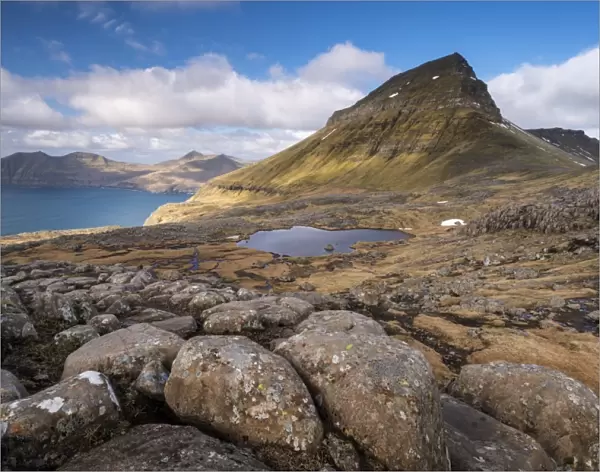 Mountain views from the slopes of Sornfelli in the Faroe Islands, Denmark. Spring