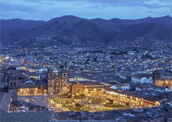 Main Square at twilight, Old Town, elevated view, Cusco, Peru