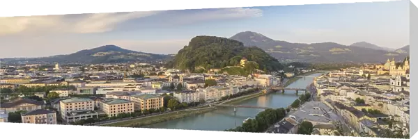 Austria, Salzburg, View of Salzach River The Old City to the right and the New City