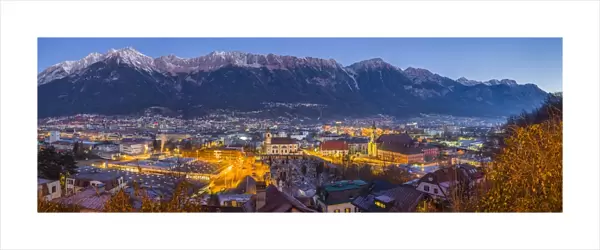 Austria, Tyrol, Innsbruck, elevated city view with the Wilten Basilica and Wilten Abbey Church