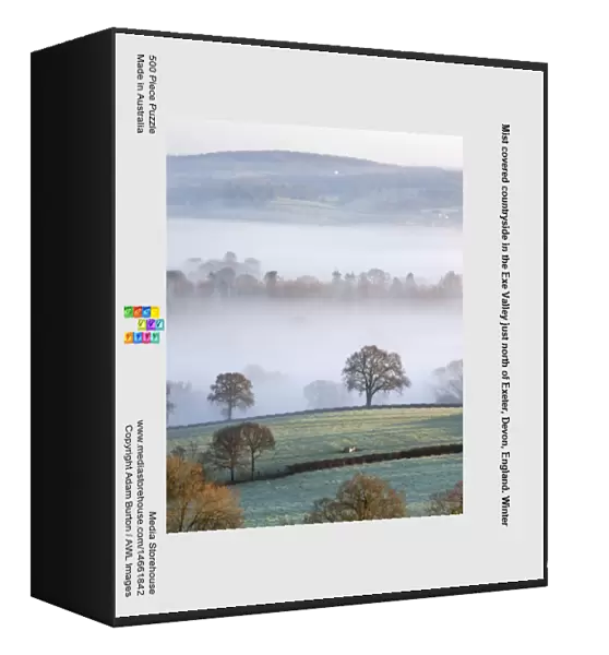 Mist covered countryside in the Exe Valley just north of Exeter, Devon, England. Winter