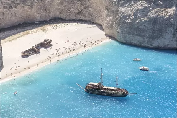 Elevated view of famous shipwreck beach. Zakynthos, Greek Islands, Greece