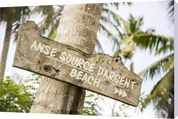 Sign to Anse Source D Argent beach, L Union Estate Plantation, La Digue, Seychelles