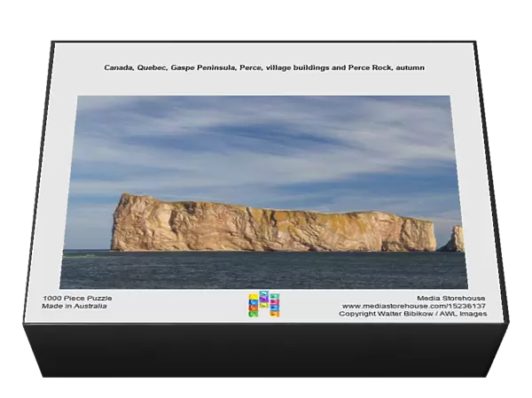 Canada, Quebec, Gaspe Peninsula, Perce, village buildings and Perce Rock, autumn