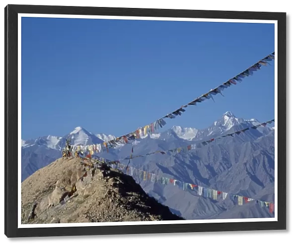 Stok Mountains and prayer flags viewed from Leh
