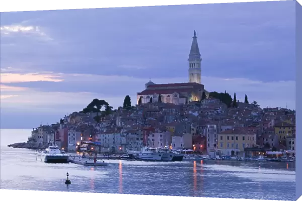 Croatia, Istria, Rovinj, harbor view with Cathedral of St. Euphemia