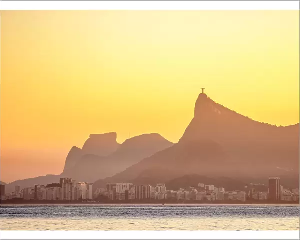 View towards Corcovado Mountain and Pedra da Gavea at sunset, seen from Niteroi