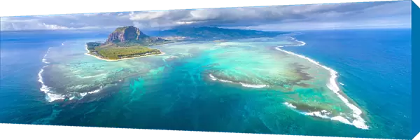 Aerial view of Le Morne Brabant peninsula and the Underwater Waterfall. Le Morne