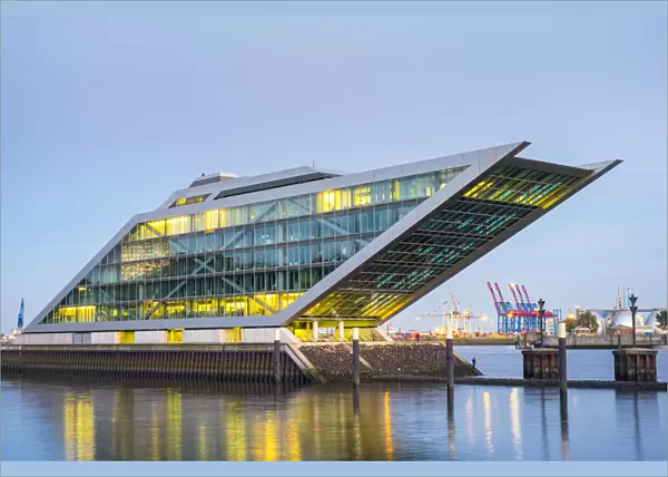 Dockland office building on the Elbe River after sunset, Altona-Altstadt, Hamburg
