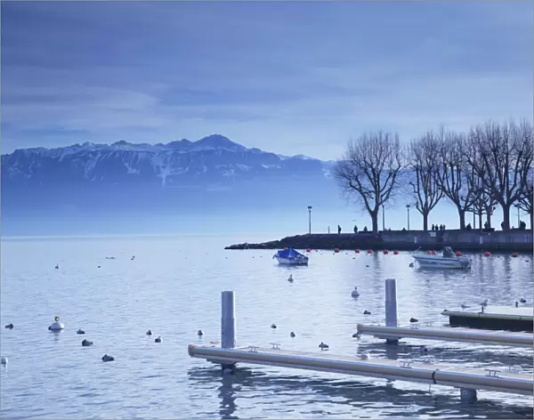 Piers on shore of Lake Leman, Ouchy, Lausanne, Vaud, Switzerland