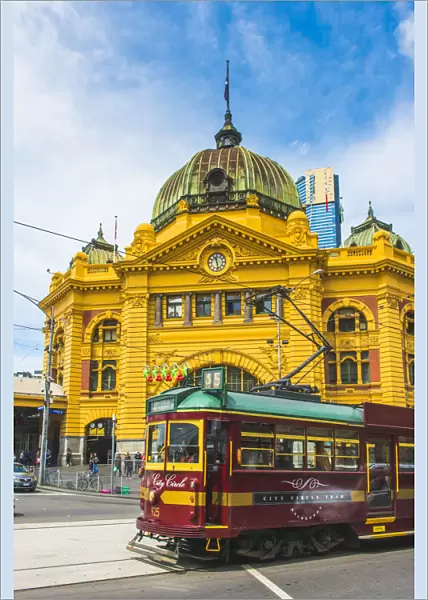 Melbourne, Victoria, Australia. Flinders Street Station and the historical old tram