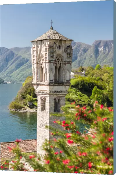 Gothic bell tower of S. Mary Magdalene church in Ospedaletto and Isola Comacina in