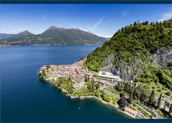Aerial view of the picturesque village of Varenna overlooking the blue waters of Lake