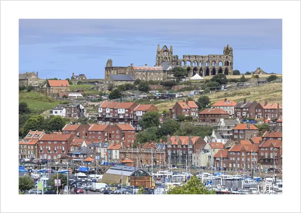 Europe, Great Britain, England, Whitby, view of the town harbour and the ruined abbey