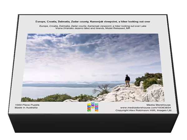 Europe, Croatia, Dalmatia, Zadar county, Kamenjak viewpoint, a hiker looking out over