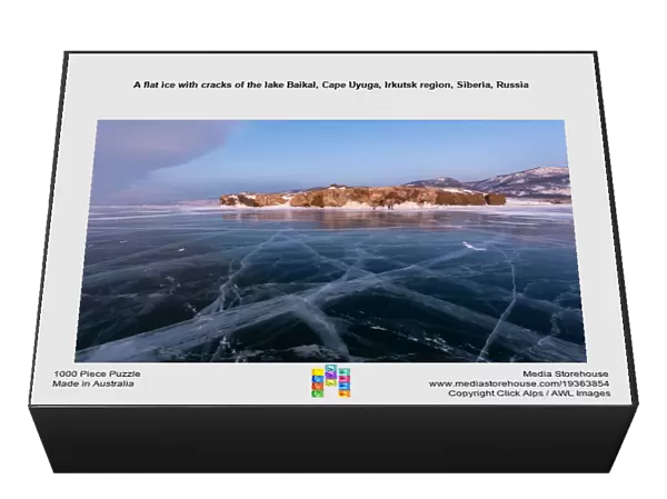 A flat ice with cracks of the lake Baikal, Cape Uyuga, Irkutsk region, Siberia, Russia