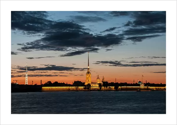 Peter and Paul Fortress on Zayachy Island at dusk, Saint Petersburg, Russia