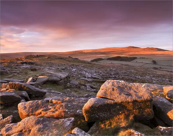 Sunrise over Belstone Tor, looking towards Yes Tor and High Willhays, the highest