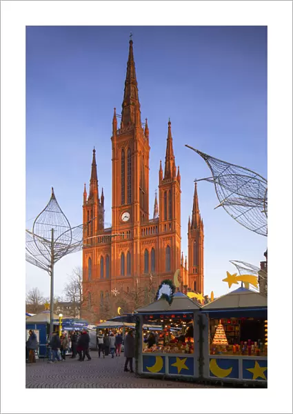 Christmas market and Marktkirche (Market Church), Wiesbaden, Hesse, Germany