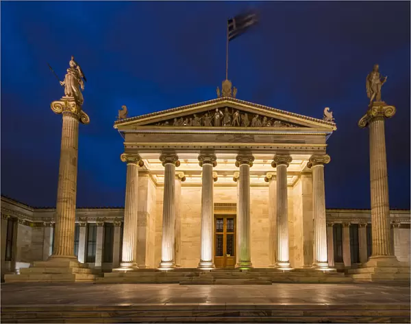 Night view of the main building of the Academy of Athens, Athens, Attica, Greece