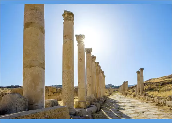 Jordan, Jerash Governorate, Jerash. Colonnaded street (cardo maximus) in the ancient