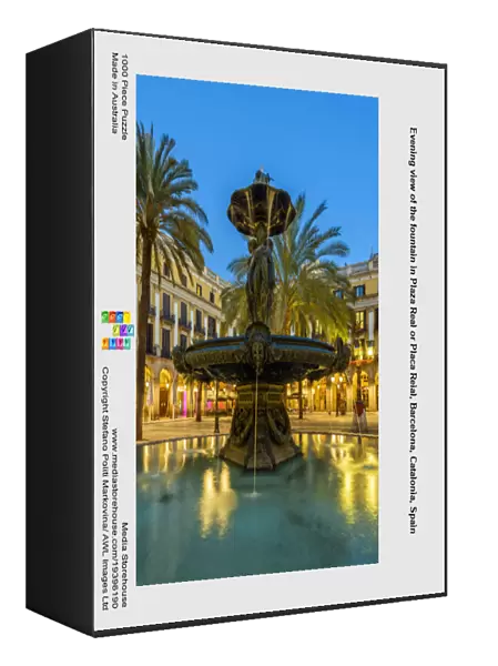 Evening view of the fountain in Plaza Real or Placa Reial, Barcelona, Catalonia, Spain