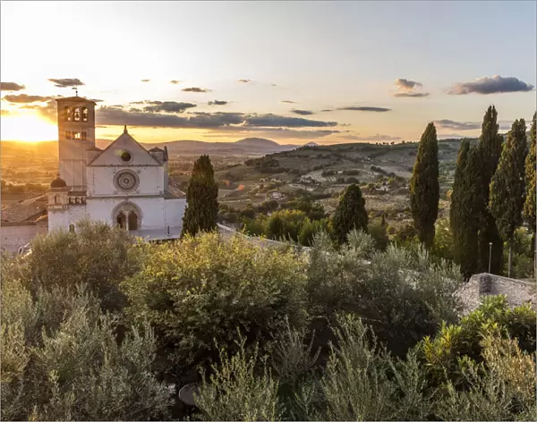 Europe, Italy, Umbria, Assisi. Sunset at the Basilica of Saint Francis of Assisi