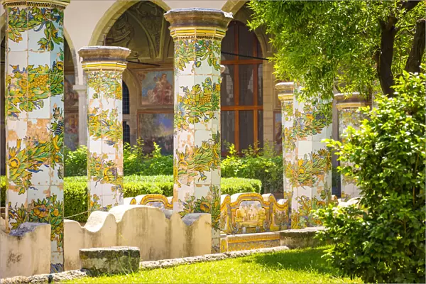 Santa Chiara Monastery, Cloister with majolica columns, Naples, Italy