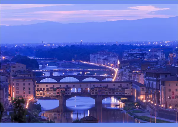 Florence, Tuscany, Italy. View over the Arno river, Ponte Vecchio, View over the city