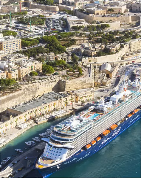 Malta, South Eastern Region, Valletta. An aerial view of a cruise ship at Valletta
