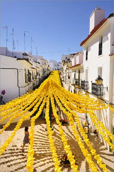 Streets decorated with paper flowers. People festivities (Festas do Povo). Campo Maior