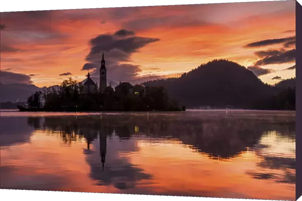 Lake Bled at Sunrise with Assumption of Marys Pilgrimage Church, Slovenia