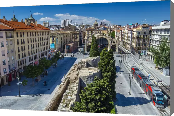 City skyline with Roman wall and Mercado Central, Zaragoza, Aragon, Spain