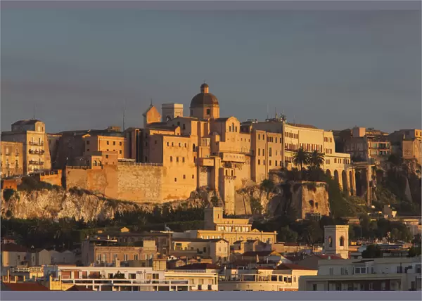 Italy, Sardinia, Cagliari, Il Castello Old Town and city walls from Basilica Nostra