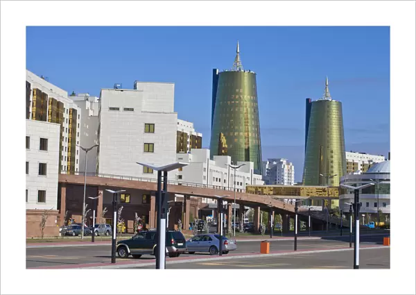 Kazakhstan, Astana, House of Ministries and twin golden conical business centres the