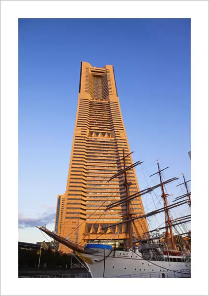 Japan, Tokyo, Yokohama, Landmark Tower Building and Nippon Maru Sail Training Ship
