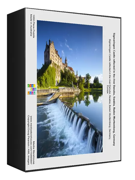 Sigmaringen Castle reflected in the river Danube, Swabia, Baden Wurttemberg, Germany